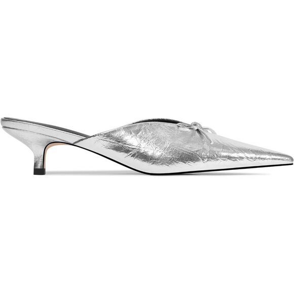RONILURN Kitten Heel Silver Faux Leather Women Pumps Bow Closed Toe Pointed - Picture 2 of 8